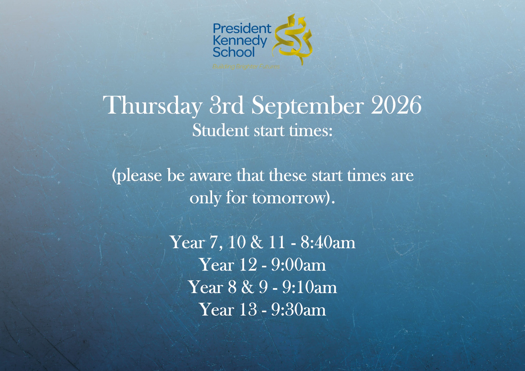 Sept 2026 start times
